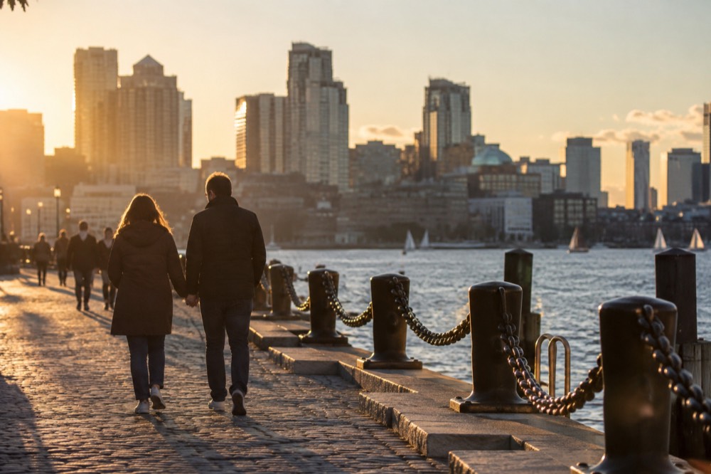 A couple walking hand in hand along a Boston waterfront promenade at golden hour